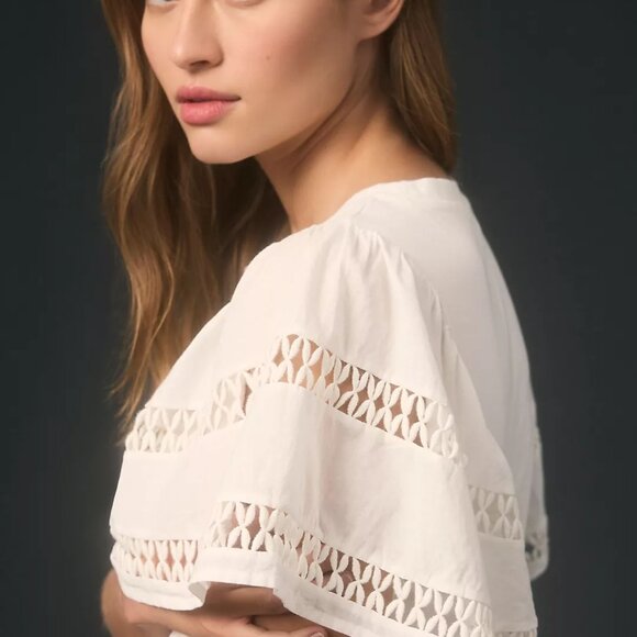 🌸🩷ANTHROPOLOGIE SELF CONTRAST Flutter Sleeve Cutwork Top White NWT XL 🩷🌸 - Picture 3 of 6